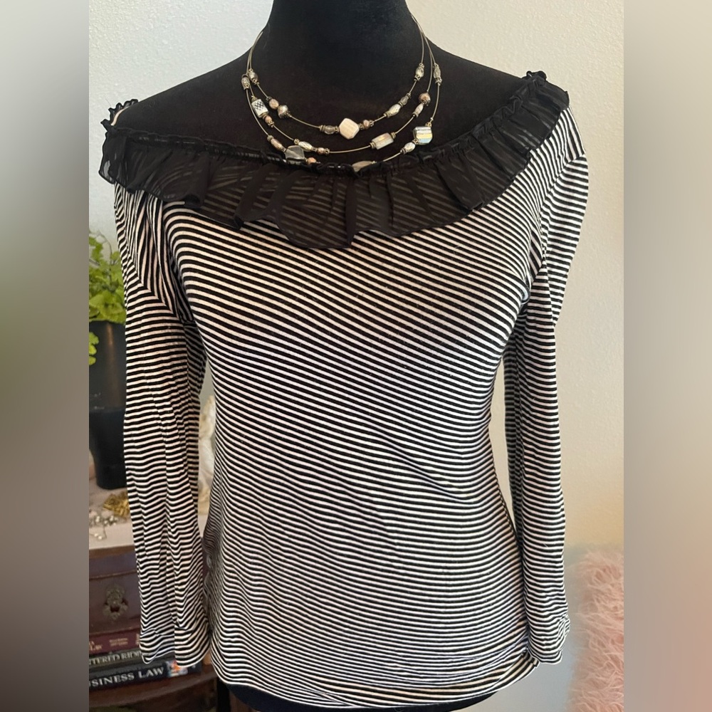 White House black market black-and-white striped blouse with black ruffle size s